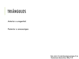 TRIÁNGULOS
Anterior o urogenital
Posterior o anococcígeo
Rock, John A. Te Linde Ginecología quirúrgica. 8° ed.
Panamericana: Buenos Aires, 1998 p 71-75
 