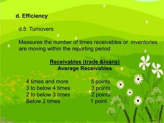 d. Efficiency

d.5 Turnovers
Measures the number of times receivables or inventories
are moving within the reporting period
Receivables (trade &loans)
Average Receivables
4 times and more
3 to below 4 times
2 to below 3 times
Below 2 times

5 points
3 points
2 points
1 point

 
