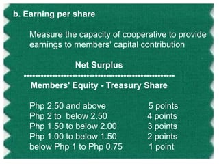 b. Earning per share
Measure the capacity of cooperative to provide
earnings to members' capital contribution
Net Surplus
----------------------------------------------------Members' Equity - Treasury Share
Php 2.50 and above
Php 2 to below 2.50
Php 1.50 to below 2.00
Php 1.00 to below 1.50
below Php 1 to Php 0.75

5 points
4 points
3 points
2 points
1 point

 