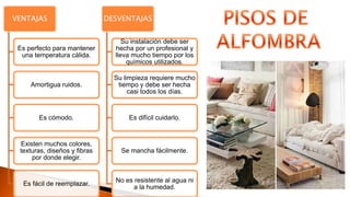 VENTAJAS
Es perfecto para mantener
una temperatura cálida.
Amortigua ruidos.
Es cómodo.
Existen muchos colores,
texturas, diseños y fibras
por donde elegir.
Es fácil de reemplazar.
DESVENTAJAS
Su instalación debe ser
hecha por un profesional y
lleva mucho tiempo por los
químicos utilizados.
Su limpieza requiere mucho
tiempo y debe ser hecha
casi todos los días.
Es difícil cuidarlo.
Se mancha fácilmente.
No es resistente al agua ni
a la humedad.
 