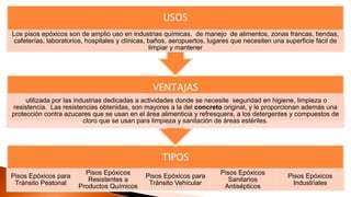 TIPOS
Pisos Epóxicos para
Tránsito Peatonal
Pisos Epóxicos
Resistentes a
Productos Químicos
Pisos Epóxicos para
Tránsito Vehicular
Pisos Epóxicos
Sanitarios
Antisépticos
Pisos Epóxicos
Industriales
VENTAJAS
utilizada por las industrias dedicadas a actividades donde se necesite seguridad en higiene, limpieza o
resistencia. Las resistencias obtenidas, son mayores a la del concreto original, y le proporcionan además una
protección contra azucares que se usan en el área alimenticia y refresquera, a los detergentes y compuestos de
cloro que se usan para limpieza y sanitación de áreas estériles.
USOS
Los pisos epóxicos son de amplio uso en industrias químicas, de manejo de alimentos, zonas francas, tiendas,
cafeterías, laboratorios, hospitales y clínicas, baños, aeropuertos, lugares que necesiten una superficie fácil de
limpiar y mantener
 