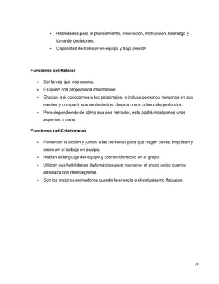 28 
 Habilidades para el planeamiento, innovación, motivación, liderazgo y 
toma de decisiones. 
 Capacidad de trabajar en equipo y bajo presión 
Funciones del Relator 
 Ser la voz que nos cuenta. 
 Es quien nos proporciona información. 
 Gracias a él conocemos a los personajes, e incluso podemos meternos en sus 
mentes y compartir sus sentimientos, deseos o sus odios más profundos. 
 Pero dependiendo de cómo sea ese narrador, este podrá mostrarnos unos 
aspectos u otros. 
Funciones del Colaborador 
 Fomentan la acción y juntan a las personas para que hagan cosas. Impulsan y 
creen en el trabajo en equipo. 
 Hablan el lenguaje del equipo y cobran identidad en el grupo. 
 Utilizan sus habilidades diplomáticas para mantener al grupo unido cuando 
amenaza con desintegrarse. 
 Son los mejores animadores cuando la energía o el entusiasmo flaquean. 
 
