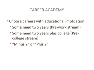 • Choose careers with educational implication
• Some need two years (Pre-work stream)
• Some need two years plus college (Pre-
college stream)
• “Minus 2” or “Plus 2”
CAREER ACADEMY
 