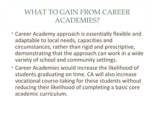 WHAT TO GAIN FROM CAREER
ACADEMIES?
• Career Academy approach is essentially flexible and
adaptable to local needs, capacities and
circumstances, rather than rigid and prescriptive,
demonstrating that the approach can work in a wide
variety of school and community settings.
• Career Academies would increase the likelihood of
students graduating on time. CA will also increase
vocational course-taking for these students without
reducing their likelihood of completing a basic core
academic curriculum.
 