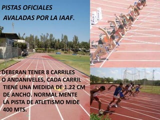 DEBERAN TENER 8 CARRILES
O ANDANIVELES, CADA CARRIL
TIENE UNA MEDIDA DE 1.22 CM
DE ANCHO. NORMAL MENTE
LA PISTA DE ATLETISMO MIDE
400 MTS.
PISTAS OFICIALES
AVALADAS POR LA IAAF.
 