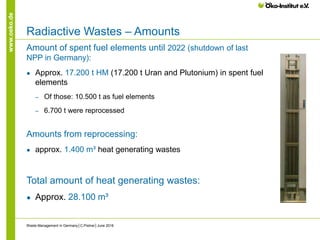 www.oeko.de
Radiactive Wastes – Amounts
Amount of spent fuel elements until 2022 (shutdown of last
NPP in Germany):
● Approx. 17.200 t HM (17.200 t Uran and Plutonium) in spent fuel
elements
‒ Of those: 10.500 t as fuel elements
‒ 6.700 t were reprocessed
Amounts from reprocessing:
● approx. 1.400 m³ heat generating wastes
Total amount of heat generating wastes:
● Approx. 28.100 m³
Waste Management in Germany│C.Pistner│June 2016
 