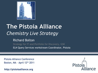 Richard Bolton Strategy for IT and Portfolio for Discovery, GSK ELN Query Services workstream Coordinator, Pistoia Pistoia Alliance Conference Boston, MA – April 12th 2011 The Pistoia AllianceChemistry Live Strategy 