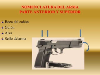 NOMENCLATURA DELARMA
PARTE ANTERIOR Y SUPERIOR
Boca del cañón
Guión
Alza
Sello delarma
 