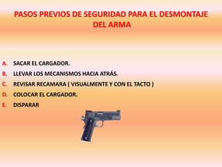 PASOS PREVIOS DE SEGURIDAD PARA EL DESMONTAJE
DEL ARMA
A. SACAR EL CARGADOR.
B. LLEVAR LOS MECANISMOS HACIA ATRÁS.
C. REVISAR RECAMARA ( VISUALMENTE Y CON EL TACTO )
D. COLOCAR EL CARGADOR.
E. DISPARAR
 