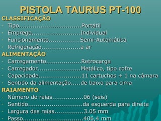 PISTOLA TAURUS PT-100PISTOLA TAURUS PT-100
CLASSIFICAÇÃOCLASSIFICAÇÃO
- Tipo................................PortátilTipo................................Portátil
- Emprego.........................IndividualEmprego.........................Individual
- Funcionamento................Semi-AutomáticaFuncionamento................Semi-Automática
- Refrigeração....................a arRefrigeração....................a ar
ALIMENTAÇÃOALIMENTAÇÃO
- Carregamento..................RetrocargaCarregamento..................Retrocarga
- Carregador......................Metálico, tipo cofreCarregador......................Metálico, tipo cofre
- Capacidade......................11 cartuchos + 1 na câmaraCapacidade......................11 cartuchos + 1 na câmara
- Sentido da alimentação.....de baixo para cimaSentido da alimentação.....de baixo para cima
RAIAMENTORAIAMENTO
- Número de raias................06 (seis)Número de raias................06 (seis)
- Sentido............................da esquerda para direitaSentido............................da esquerda para direita
- Largura das raias...............3.05 mmLargura das raias...............3.05 mm
- Passo...............................406,4 mmPasso...............................406,4 mm
 