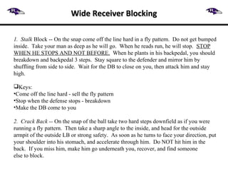 1. Stalk Block -- On the snap come off the line hard in a fly pattern. Do not get bumped
inside. Take your man as deep as he will go. When he reads run, he will stop. STOP
WHEN HE STOPS AND NOT BEFORE. When he plants in his backpedal, you should
breakdown and backpedal 3 steps. Stay square to the defender and mirror him by
shuffling from side to side. Wait for the DB to close on you, then attack him and stay
high.
Keys:
•Come off the line hard - sell the fly pattern
•Stop when the defense stops - breakdown
•Make the DB come to you
2. Crack Back -- On the snap of the ball take two hard steps downfield as if you were
running a fly pattern. Then take a sharp angle to the inside, and head for the outside
armpit of the outside LB or strong safety. As soon as he turns to face your direction, put
your shoulder into his stomach, and accelerate through him. Do NOT hit him in the
back. If you miss him, make him go underneath you, recover, and find someone
else to block.
Wide Receiver BlockingWide Receiver Blocking
 