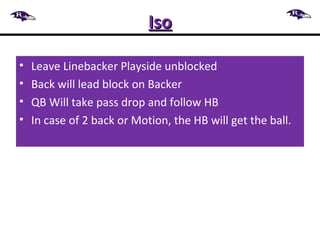 IsoIso
• Leave Linebacker Playside unblocked
• Back will lead block on Backer
• QB Will take pass drop and follow HB
• In case of 2 back or Motion, the HB will get the ball.
 