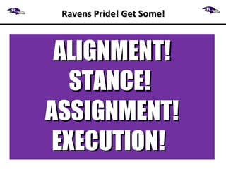 Ravens Pride! Get Some!Ravens Pride! Get Some!
ALIGNMENT!ALIGNMENT!
STANCE!STANCE!
ASSIGNMENT!ASSIGNMENT!
EXECUTION!EXECUTION!
 