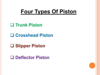 Four Types Of Piston
Trunk Piston
Crosshead Piston
Slipper Piston
Deflector Piston
