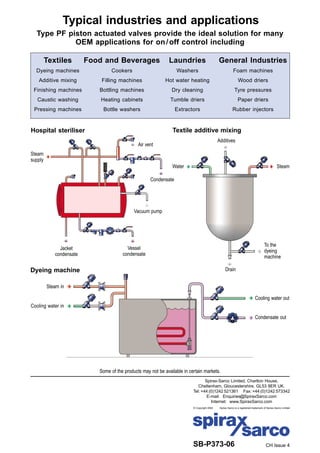 4
Some of the products may not be available in certain markets.
Spirax-Sarco Limited, Charlton House,
Cheltenham, Gloucestershire, GL53 8ER UK.
Tel: +44 (0)1242 521361 Fax: +44 (0)1242 573342
E-mail: Enquiries@SpiraxSarco.com
Internet: www.SpiraxSarco.com
© Copyright 2004 Spirax Sarco is a registered trademark of Spirax-Sarco Limited
SB-P373-06 CH Issue 4
Steam
supply
Vacuum pump
Jacket
condensate
Vessel
condensate
Hospital steriliser
Typical industries and applications
Type PF piston actuated valves provide the ideal solution for many
OEM applications for on/off control including
Water
Additives
Steam
To the
dyeing
machine
Textile additive mixing
Textiles Food and Beverages Laundries General Industries
Dyeing machines Cookers Washers Foam machines
Additive mixing Filling machines Hot water heating Wood driers
Finishing machines Bottling machines Dry cleaning Tyre pressures
Caustic washing Heating cabinets Tumble driers Paper driers
Pressing machines Bottle washers Extractors Rubber injectors
Condensate out
Dyeing machine
Cooling water in
Cooling water out
Steam in
Condensate
Air vent
Drain
 