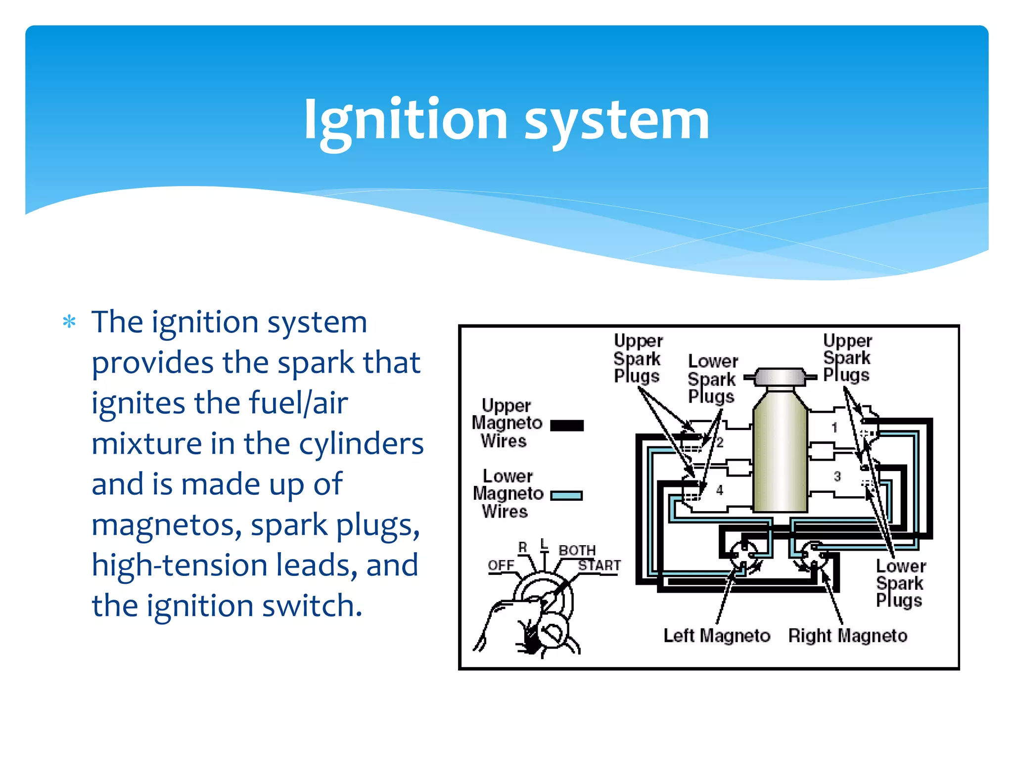Ignition system
 The ignition system
provides the spark that
ignites the fuel/air
mixture in the cylinders
and is made up of
magnetos, spark plugs,
high-tension leads, and
the ignition switch.

 