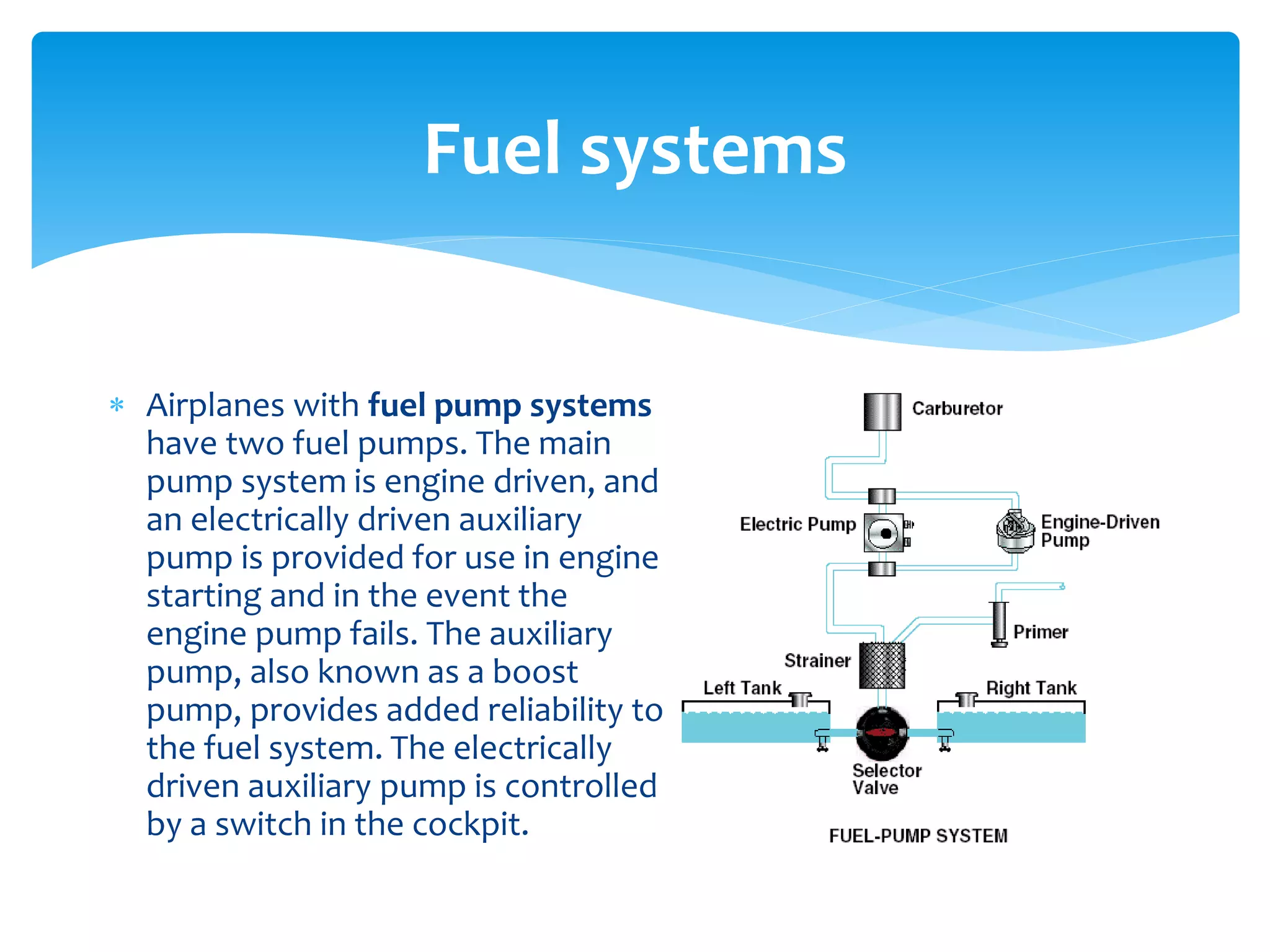 Fuel systems
 Airplanes with fuel pump systems
have two fuel pumps. The main
pump system is engine driven, and
an electrically driven auxiliary
pump is provided for use in engine
starting and in the event the
engine pump fails. The auxiliary
pump, also known as a boost
pump, provides added reliability to
the fuel system. The electrically
driven auxiliary pump is controlled
by a switch in the cockpit.

 