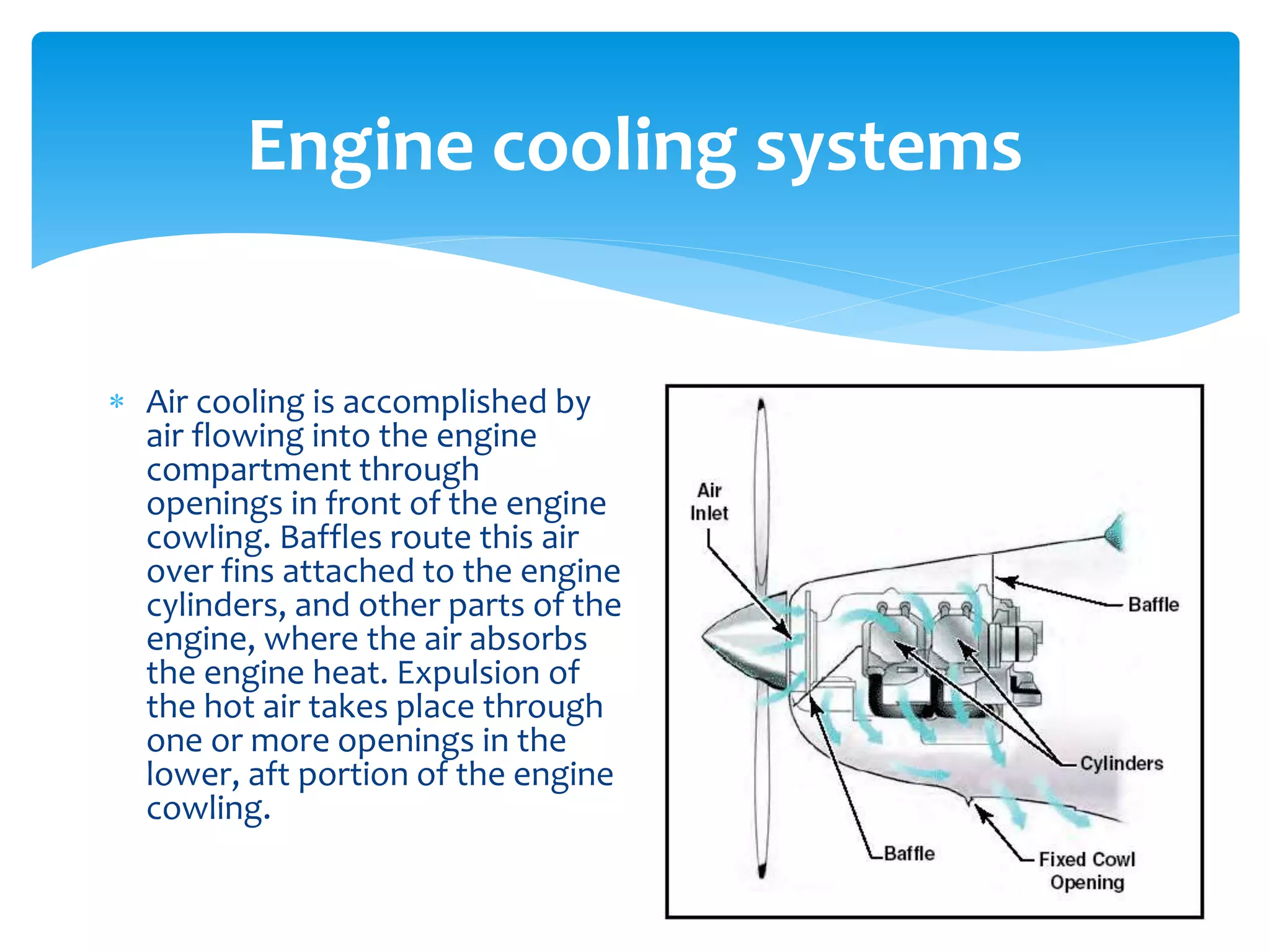 Engine cooling systems
 Air cooling is accomplished by
air flowing into the engine
compartment through
openings in front of the engine
cowling. Baffles route this air
over fins attached to the engine
cylinders, and other parts of the
engine, where the air absorbs
the engine heat. Expulsion of
the hot air takes place through
one or more openings in the
lower, aft portion of the engine
cowling.

 