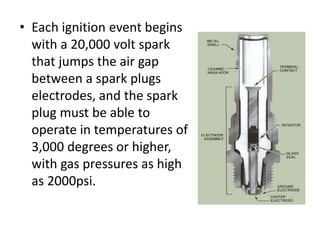 • Each ignition event begins
with a 20,000 volt spark
that jumps the air gap
between a spark plugs
electrodes, and the spa...