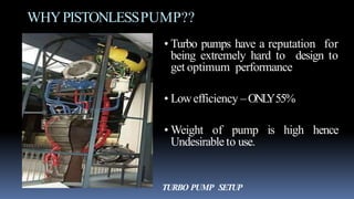 WHYPISTONLESSPUMP??
• Turbo pumps have a reputation for
being extremely hard to design to
get optimum performance
• Lowefficiency –ONLY55%
• Weight of pump is high hence
Undesirable to use.
TURBO PUMP SETUP
 