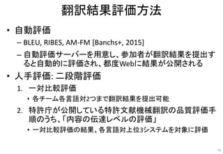 翻訳結果評価方法
• 自動評価
– BLEU, RIBES, AM-FM [Banchs+, 2015]
– 自動評価サーバーを用意し、参加者が翻訳結果を提出す
ると自動的に評価され、都度Webに結果が公開される
• 人手評価: 二段階評価
1. 一対比較評価
• 各チーム各言語対2つまで翻訳結果を提出可能
2. 特許庁が公開している特許文献機械翻訳の品質評価手
順のうち、「内容の伝達レベルの評価」
• 一対比較評価の結果、各言語対上位3システムを対象に評価
14
 