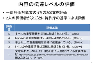 内容の伝達レベルの評価
• 一対評価対象文のうちの200文を評価
• 2人の評価者が文ごとに特許庁の基準により評価
評価
値
評価基準
5 すべての重要情報が正確に伝達されている。 (100%)
4 ほとんどの重要情報は正確に伝達されている。 (80%〜)
3 半分以上の重要情報は正確に伝達されている。 (50%〜)
2 いくつかの重要情報は正確に伝達されている。 (20%〜)
1
文意がわからない、もしくは正確に伝達されている重要情報
は
ほとんどない。 (〜20%)
https://www.jpo.go.jp/shiryou/toushin/chousa/tokkyohonyaku_hyouka.htm
16
 