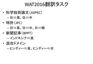 WAT2016翻訳タスク
• 科学技術論文（ASPEC）
– 日英、日中
• 特許（JPC）
– 日英、日中、日韓
• 新聞記事（BPPT）
– インドネシア英
• 混合ドメイン
– ヒンディー英、ヒンディー日
3
 