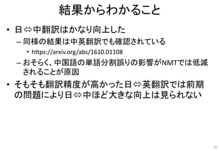 結果からわかること
• 日中翻訳はかなり向上した
– 同様の結果は中英翻訳でも確認されている
• https://arxiv.org/abs/1610.01108
– おそらく、中国語の単語分割誤りの影響がNMTでは低減
されることが原因
• そもそも翻訳精度が高かった日英翻訳では前期
の問題により日中ほど大きな向上は見られない
39
 
