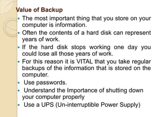 Uses of ComputerPC at Home	Common uses for the computer within the home  Computer games Working from Home Banking from Home Connecting to the Web.Computers in EducationCBT (Computer Based Training) Computer Based Training (CBT) offers a low costsolution to training needs where you need to traina large amount of people on a single subject. These programs are normally supplied on CD-ROM and combine text, graphics and sound.