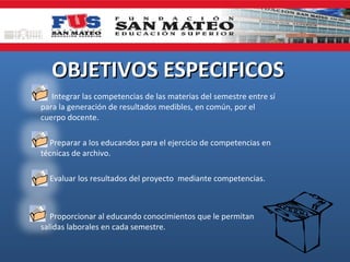 OBJETIVOS ESPECIFICOS
 Integrar las competencias de las materias del semestre entre sí
para la generación de resultados medibles, en común, por el
cuerpo docente.
 Preparar a los educandos para el ejercicio de competencias en
técnicas de archivo.
 Evaluar los resultados del proyecto mediante competencias.

 Proporcionar al educando conocimientos que le permitan
salidas laborales en cada semestre.

 