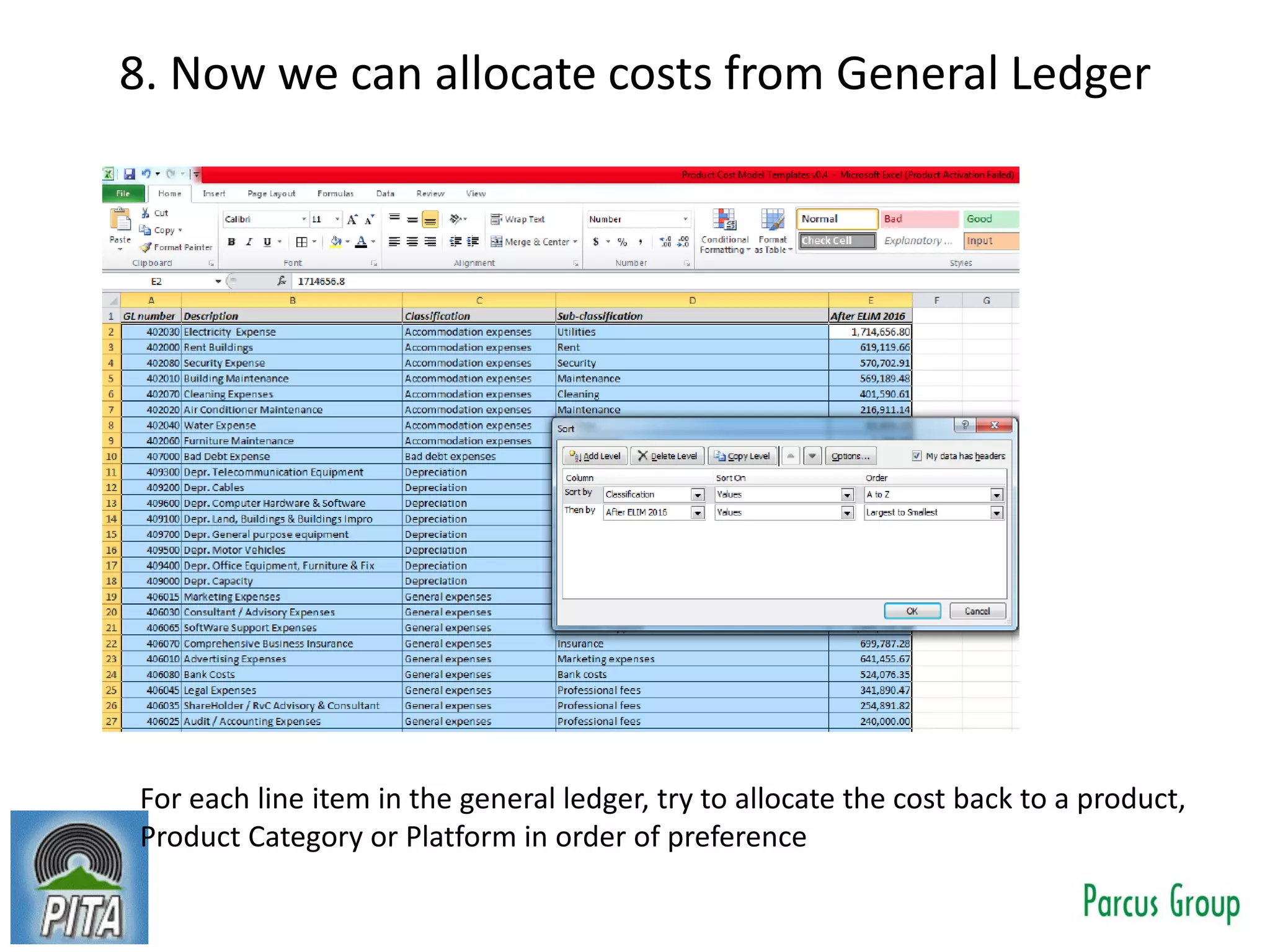 8. Now we can allocate costs from General Ledger
For each line item in the general ledger, try to allocate the cost back to a product,
Product Category or Platform in order of preference
 