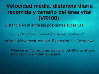 Velocidad media, distancia diaria recorrida y tamaño del área vital (VR100)   <ul><li>Distancia en m entre las posiciones ...