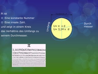 Pi ist
 Eine konstante Nummer
 Eine irreale Zahl.
und zeigt in einem Kreis
das Verhältnis des Umfangs zu
seinem Durchmesser.
Durch
messer
 