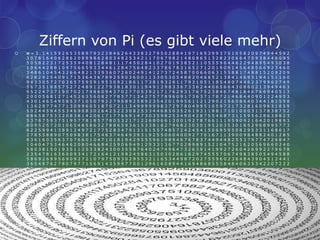 Ziffern von Pi (es gibt viele mehr)
 π = 3 . 1 4 1 5 9 2 6 5 3 5 8 9 7 9 3 2 3 8 4 6 2 6 4 3 3 8 3 2 7 9 5 0 2 8 8 4 1 9 7 1 6 9 3 9 9 3 7 5 1 0 5 8 2 0 9 7 4 9 4 4 5 9 2
3 0 7 8 1 6 4 0 6 2 8 6 2 0 8 9 9 8 6 2 8 0 3 4 8 2 5 3 4 2 1 1 7 0 6 7 9 8 2 1 4 8 0 8 6 5 1 3 2 8 2 3 0 6 6 4 7 0 9 3 8 4 4 6 0 9 5
5 0 5 8 2 2 3 1 7 2 5 3 5 9 4 0 8 1 2 8 4 8 1 1 1 7 4 5 0 2 8 4 1 0 2 7 0 1 9 3 8 5 2 1 1 0 5 5 5 9 6 4 4 6 2 2 9 4 8 9 5 4 9 3 0 3 8
1 9 6 4 4 2 8 8 1 0 9 7 5 6 6 5 9 3 3 4 4 6 1 2 8 4 7 5 6 4 8 2 3 3 7 8 6 7 8 3 1 6 5 2 7 1 2 0 1 9 0 9 1 4 5 6 4 8 5 6 6 9 2 3 4 6 0
3 4 8 6 1 0 4 5 4 3 2 6 6 4 8 2 1 3 3 9 3 6 0 7 2 6 0 2 4 9 1 4 1 2 7 3 7 2 4 5 8 7 0 0 6 6 0 6 3 1 5 5 8 8 1 7 4 8 8 1 5 2 0 9 2 0 9
6 2 8 2 9 2 5 4 0 9 1 7 1 5 3 6 4 3 6 7 8 9 2 5 9 0 3 6 0 0 1 1 3 3 0 5 3 0 5 4 8 8 2 0 4 6 6 5 2 1 3 8 4 1 4 6 9 5 1 9 4 1 5 1 1 6 0
9 4 3 3 0 5 7 2 7 0 3 6 5 7 5 9 5 9 1 9 5 3 0 9 2 1 8 6 1 1 7 3 8 1 9 3 2 6 1 1 7 9 3 1 0 5 1 1 8 5 4 8 0 7 4 4 6 2 3 7 9 9 6 2 7 4 9
5 6 7 3 5 1 8 8 5 7 5 2 7 2 4 8 9 1 2 2 7 9 3 8 1 8 3 0 1 1 9 4 9 1 2 9 8 3 3 6 7 3 3 6 2 4 4 0 6 5 6 6 4 3 0 8 6 0 2 1 3 9 4 9 4 6 3
9 5 2 2 4 7 3 7 1 9 0 7 0 2 1 7 9 8 6 0 9 4 3 7 0 2 7 7 0 5 3 9 2 1 7 1 7 6 2 9 3 1 7 6 7 5 2 3 8 4 6 7 4 8 1 8 4 6 7 6 6 9 4 0 5 1 3
2 0 0 0 5 6 8 1 2 7 1 4 5 2 6 3 5 6 0 8 2 7 7 8 5 7 7 1 3 4 2 7 5 7 7 8 9 6 0 9 1 7 3 6 3 7 1 7 8 7 2 1 4 6 8 4 4 0 9 0 1 2 2 4 9 5 3
4 3 0 1 4 6 5 4 9 5 8 5 3 7 1 0 5 0 7 9 2 2 7 9 6 8 9 2 5 8 9 2 3 5 4 2 0 1 9 9 5 6 1 1 2 1 2 9 0 2 1 9 6 0 8 6 4 0 3 4 4 1 8 1 5 9 8
1 3 6 2 9 7 7 4 7 7 1 3 0 9 9 6 0 5 1 8 7 0 7 2 1 1 3 4 9 9 9 9 9 9 8 3 7 2 9 7 8 0 4 9 9 5 1 0 5 9 7 3 1 7 3 2 8 1 6 0 9 6 3 1 8 5 9
5 0 2 4 4 5 9 4 5 5 3 4 6 9 0 8 3 0 2 6 4 2 5 2 2 3 0 8 2 5 3 3 4 4 6 8 5 0 3 5 2 6 1 9 3 1 1 8 8 1 7 1 0 1 0 0 0 3 1 3 7 8 3 8 7 5 2
8 8 6 5 8 7 5 3 3 2 0 8 3 8 1 4 2 0 6 1 7 1 7 7 6 6 9 1 4 7 3 0 3 5 9 8 2 5 3 4 9 0 4 2 8 7 5 5 4 6 8 7 3 1 1 5 9 5 6 2 8 6 3 8 8 2 3
5 3 7 8 7 5 9 3 7 5 1 9 5 7 7 8 1 8 5 7 7 8 0 5 3 2 1 7 1 2 2 6 8 0 6 6 1 3 0 0 1 9 2 7 8 7 6 6 1 1 1 9 5 9 0 9 2 1 6 4 2 0 1 9 8 9 3
8 0 9 5 2 5 7 2 0 1 0 6 5 4 8 5 8 6 3 2 7 8 8 6 5 9 3 6 1 5 3 3 8 1 8 2 7 9 6 8 2 3 0 3 0 1 9 5 2 0 3 5 3 0 1 8 5 2 9 6 8 9 9 5 7 7 3
6 2 2 5 9 9 4 1 3 8 9 1 2 4 9 7 2 1 7 7 5 2 8 3 4 7 9 1 3 1 5 1 5 5 7 4 8 5 7 2 4 2 4 5 4 1 5 0 6 9 5 9 5 0 8 2 9 5 3 3 1 1 6 8 6 1 7
2 7 8 5 5 8 8 9 0 7 5 0 9 8 3 8 1 7 5 4 6 3 7 4 6 4 9 3 9 3 1 9 2 5 5 0 6 0 4 0 0 9 2 7 7 0 1 6 7 1 1 3 9 0 0 9 8 4 8 8 2 4 0 1 2 8 5
8 3 6 1 6 0 3 5 6 3 7 0 7 6 6 0 1 0 4 7 1 0 1 8 1 9 4 2 9 5 5 5 9 6 1 9 8 9 4 6 7 6 7 8 3 7 4 4 9 4 4 8 2 5 5 3 7 9 7 7 4 7 2 6 8 4 7
1 0 4 0 4 7 5 3 4 6 4 6 2 0 8 0 4 6 6 8 4 2 5 9 0 6 9 4 9 1 2 9 3 3 1 3 6 7 7 0 2 8 9 8 9 1 5 2 1 0 4 7 5 2 1 6 2 0 5 6 9 6 6 0 2 4 0
5 8 0 3 8 1 5 0 1 9 3 5 1 1 2 5 3 3 8 2 4 3 0 0 3 5 5 8 7 6 4 0 2 4 7 4 9 6 4 7 3 2 6 3 9 1 4 1 9 9 2 7 2 6 0 4 2 6 9 9 2 2 7 9 6 7 8
2 3 5 4 7 8 1 6 3 6 0 0 9 3 4 1 7 2 1 6 4 1 2 1 9 9 2 4 5 8 6 3 1 5 0 3 0 2 8 6 1 8 2 9 7 4 5 5 5 7 0 6 7 4 9 8 3 8 5 0 5 4 9 4 5 8 8
5 8 6 9 2 6 9 9 5 6 9 0 9 2 7 2 1 0 7 9 7 5 0 9 3 0 2 9 5 5 3 2 1 1 6 5 3 4 4 9 8 7 2 0 2 7 5 5 9 6 0 2 3 6 4 8 4 3 9 0 4 5 1 2 4 4 1
3 6 5 4 9 7 6 2 7 8 0 7 9 7 7 1 5 6 9 1 4 3 5 9 9 7 7 0 0 1 2 9 6 1 6 0 8 9 4 4 1 6 9 4 8 6 8 5 5 5 8 4 8 4 0 6 3 5 3 4 2 2 0 7 2 2 2
5 8
 