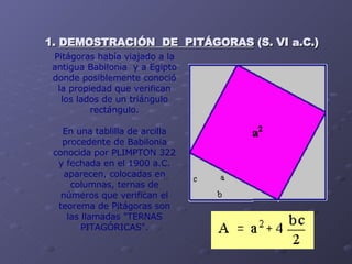 1.  DEMOSTRACIÓN  DE  PITÁGORAS  (S. VI a.C.)   Pitágoras había viajado a la antigua Babilonia  y a Egipto donde posiblemente conoció la propiedad que verifican los lados de un triángulo rectángulo. En una tablilla de arcilla procedente de Babilonia conocida por PLIMPTON 322 y fechada en el 1900 a.C. aparecen, colocadas en columnas, ternas de números que verifican el teorema de Pitágoras son las llamadas &quot;TERNAS PITAGÓRICAS&quot;. 