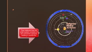 z
They believed that the
solar system consists of
ten concentric spheres
orbiting a central fire
 