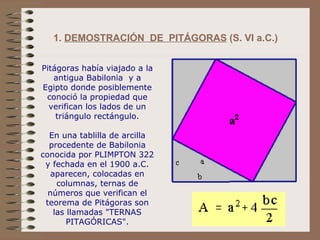 1. DEMOSTRACIÓN DE PITÁGORAS (S. VI a.C.)


Pitágoras había viajado a la
   antigua Babilonia y a
Egipto donde posiblemente
 conoció la propiedad que
  verifican los lados de un
    triángulo rectángulo.

  En una tablilla de arcilla
  procedente de Babilonia
conocida por PLIMPTON 322
 y fechada en el 1900 a.C.
   aparecen, colocadas en
     columnas, ternas de
  números que verifican el
 teorema de Pitágoras son
    las llamadas "TERNAS
        PITAGÓRICAS".
 