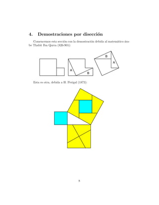 4.

Demostraciones por disecci´n
o

Comencemos esta secci´n con la demostraci´n debida al matem´tico ´rao
o
a
a
be Thabit Ibn Qurra (826-901):

B
A
A

B

Esta es otra, debida a H. Perigal (1873):

8

 