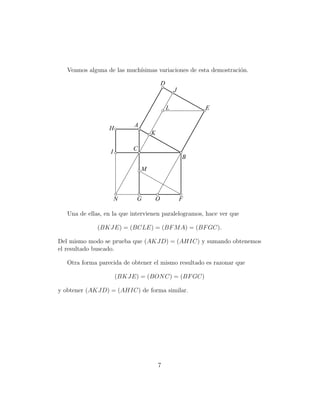 Veamos alguna de las much´ısimas variaciones de esta demostraci´on.
A
B
C
D
E
J
FGN O
H
I
K
L
M
Una de ellas, en la que intervienen paralelogramos, hace ver que
(BKJE) = (BCLE) = (BFMA) = (BFGC).
Del mismo modo se prueba que (AKJD) = (AHIC) y sumando obtenemos
el resultado buscado.
Otra forma parecida de obtener el mismo resultado es razonar que
(BKJE) = (BONC) = (BFGC)
y obtener (AKJD) = (AHIC) de forma similar.
7
 