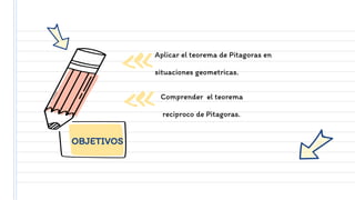 OBJETIVOS
Aplicar el teorema de Pitagoras en
situaciones geometricas.
Comprender el teorema
reciproco de Pitagoras.
 