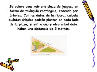 Se quiere construir una plaza de juegos, en forma de triángulo rectángulo, rodeada por árboles. Con los datos de la figura, calcula cuántos árboles podrán plantar en cada lado de la plaza, si entre uno y otro árbol debe haber una distancia de 5 metros. 