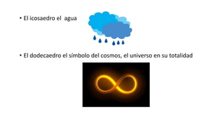 • El icosaedro el agua
• El dodecaedro el símbolo del cosmos, el universo en su totalidad
 