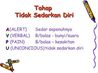 Tahap
   Tidak Sedarkan Diri

A (ALERT)  Sedar sepenuhnya
V (VERBAL) B/balas - bunyi/suara
P (PAIN)   B/balas – kesakitan
U (UNCONCIOUS) tidak sedarkan diri
 