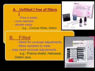 B. Filled
- Need for occlusal adjustments
- More resistant to wear
- may need occlusal adjustments
e.g.. Prisma shield, Helioseal,
Delton plus.
A. Unfilled [ free of fillers
]
-Flow is better
- more retention
- abrade easily
- e.g. . Concise White, Delton
 