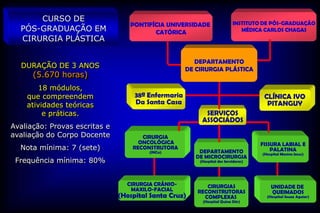 CURSO DE                                                             INSTITUTO DE PÓS-GRADUAÇÃO
                                  PONTIFÍCIA UNIVERSIDADE
  PÓS-GRADUAÇÃO EM                       CATÓRICA                             MÉDICA CARLOS CHAGAS
  CIRURGIA PLÁSTICA

                                                        DEPARTAMENTO
  DURAÇÃO DE 3 ANOS                                  DE CIRURGIA PLÁSTICA
      (5.670 horas)
        18 módulos,
    que compreendem                 38ª Enfermaria                                    CLÍNICA IVO
    atividades teóricas             Da Santa Casa                                      PITANGUY
         e práticas.                                       SERVIÇOS
                                                          ASSOCIADOS
Avaliação: Provas escritas e
avaliação do Corpo Docente            CIRURGIA
                                     ONCOLÓGICA                                      FISSURA LABIAL E
  Nota mínima: 7 (sete)            RECONSTRUTORA
                                                         DEPARTAMENTO                    PALATINA
                                        (INCa)                                       (Hospital Menino Jesus)
                                                        DE MICROCIRURGIA
 Frequência mínima: 80%                                  (Hospital dos Servidores)




                                 CIRURGIA CRÂNIO-          CIRURGIAS                     UNIDADE DE
                                  MAXILO-FACIAL         RECONSTRUTORAS                   QUEIMADOS
                               (Hospital Santa Cruz)      COMPLEXAS                    (Hospital Souza Aguiar)
                                                          (Hospital Quina Dòr)
 