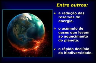 Entre outros:
 a redução das
  reservas de
  energia.

 o acúmulo de
  gases que levam
  ao aquecimento
  do planeta.

 o rápido declínio
  da biodiversidade.
 