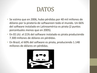 DATOS 
• Se estima que en 2006, hubo pérdidas por 40 mil millones de 
dólares por la piratería de softwareen todo el mundo. Un 66% 
del software instalado en Latinoamérica es pirata (2 puntos 
porcentuales menos que en 2005). 
• En EE.UU. el 21% del software instalado es pirata produciendo 
7.300 millones de dólares en pérdidas. 
• En Brasil, el 60% del software es pirata, produciendo 1.148 
millones de dólares en pérdidas. 
