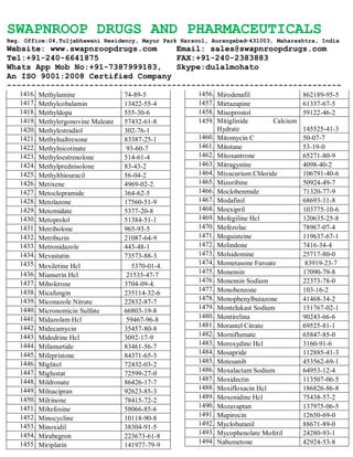 SWAPNROOP DRUGS AND PHARMACEUTICALS
Reg. Office:04,Tuljabhawani Residency, Mayur Park Harsool, Aurangabad-431003, Maharashtra, India
Website: www.swapnroopdrugs.com Email: sales@swapnroopdrugs.com
Tel:+91-240-6641875 FAX:+91-240-2383883
Whats App Mob No:+91-7387999183, Skype:dulalmohato
An ISO 9001:2008 Certified Company
---------------------------------------------------------------------
1416. Methylamine 74-89-5
1417. Methylcobalamin 13422-55-4
1418. Methyldopa 555-30-6
1419. Methylergonovine Maleate 57432-61-8
1420. Methylestradiol 302-76-1
1421. Methylnaltrexone 83387-25-1
1422. Methylnicotinate 93-60-7
1423. Methyloestrenolone 514-61-4
1424. Methylprednisolone 83-43-2
1425. Methylthiouracil 56-04-2
1426. Metixene 4969-02-2.
1427. Metoclopramide 364-62-5
1428. Metolazone 17560-51-9
1429. Metomidate 5377-20-8
1430. Metoprolol 51384-51-1
1431. Metribolone 965-93-5
1432. Metribuzin 21087-64-9
1433. Metronidazole 443-48-1
1434. Mevastatin 73573-88-3
1435. Mexiletine Hcl 5370-01-4.
1436. Mianserin Hcl 21535-47-7
1437. Mibolerone 3704-09-4.
1438. Micafungin 235114-32-6
1439. Miconazole Nitrate 22832-87-7
1440. Micronomicin Sulfate 66803-19-8
1441. Midazolam Hcl 59467-96-8
1442. Midecamycin 35457-80-8
1443. Midodrine Hcl 3092-17-9
1444. Mifamurtide 83461-56-7
1445. Mifepristone 84371-65-3
1446. Miglitol 72432-03-2
1447. Miglustat 72599-27-0
1448. Mildronate 86426-17-7
1449. Milnacipran 92623-85-3
1450. Milrinone 78415-72-2
1451. Miltefosine 58066-85-6
1452. Minocycline 10118-90-8
1453. Minoxidil 38304-91-5
1454. Mirabegron 223673-61-8
1455. Miriplatin 141977-79-9
1456. Mirodenafil 862189-95-5
1457. Mirtazapine 61337-67-5
1458. Misoprostol 59122-46-2
1459. Mitiglinide Calcium
Hydrate 145525-41-3
1460. Mitomycin C 50-07-7
1461. Mitotane 53-19-0
1462. Mitoxantrone 65271-80-9
1463. Mitragynine 4098-40-2
1464. Mivacurium Chloride 106791-40-6
1465. Mizoribine 50924-49-7
1466. Moclobenmide 71320-77-9
1467. Modafinil 68693-11-8
1468. Moexipril 103775-10-6
1469. Mofegiline Hcl 120635-25-8
1470. Mofezolac 78967-07-4
1471. Moguisteine 119637-67-1
1472. Molindone 7416-34-4
1473. Molsidomine 25717-80-0
1474. Mometasone Furoate 83919-23-7
1475. Monensin 17090-79-8
1476. Monensin Sodium 22373-78-0
1477. Monobenzone 103-16-2
1478. Monophenylbutazone 41468-34-2
1479. Montelukast Sodium 151767-02-1
1480. Montirelina 90243-66-6
1481. Morantel Citrate 69525-81-1
1482. Morniflumate 65847-85-0
1483. Moroxydine Hcl 3160-91-6
1484. Mosapride 112885-41-3
1485. Motesanib 453562-69-1
1486. Moxalactam Sodium 64953-12-4
1487. Moxidectin 113507-06-5
1488. Moxifloxacin Hcl 186826-86-8
1489. Moxonidine Hcl 75438-57-2
1490. Mozavaptan 137975-06-5
1491. Mupirocin 12650-69-0
1492. Myclobutanil 88671-89-0
1493. Mycophenolate Mofetil 24280-93-1
1494. Nabumetone 42924-53-8
 