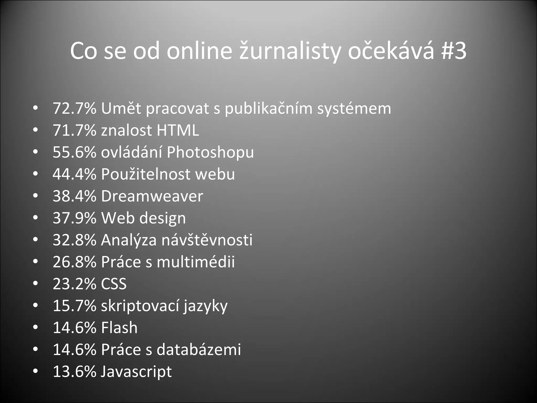Co se od online žurnalisty očekává  #3 72.7% Um ět pracovat s publikačním systémem 71.7 %  znalost  HTML 55.6%  ovládání  Photoshop u 44.4% Pou žitelnost webu 38.4 % Dreamweaver 37.9% Web design 32.8% Anal ýza návštěvnosti 26.8 % Pr áce s multimédii 23.2 % CSS 15.7% skriptovac í jazyky 14.6 % Flash 14.6%  Práce s databázemi 13.6 % Javascript 
