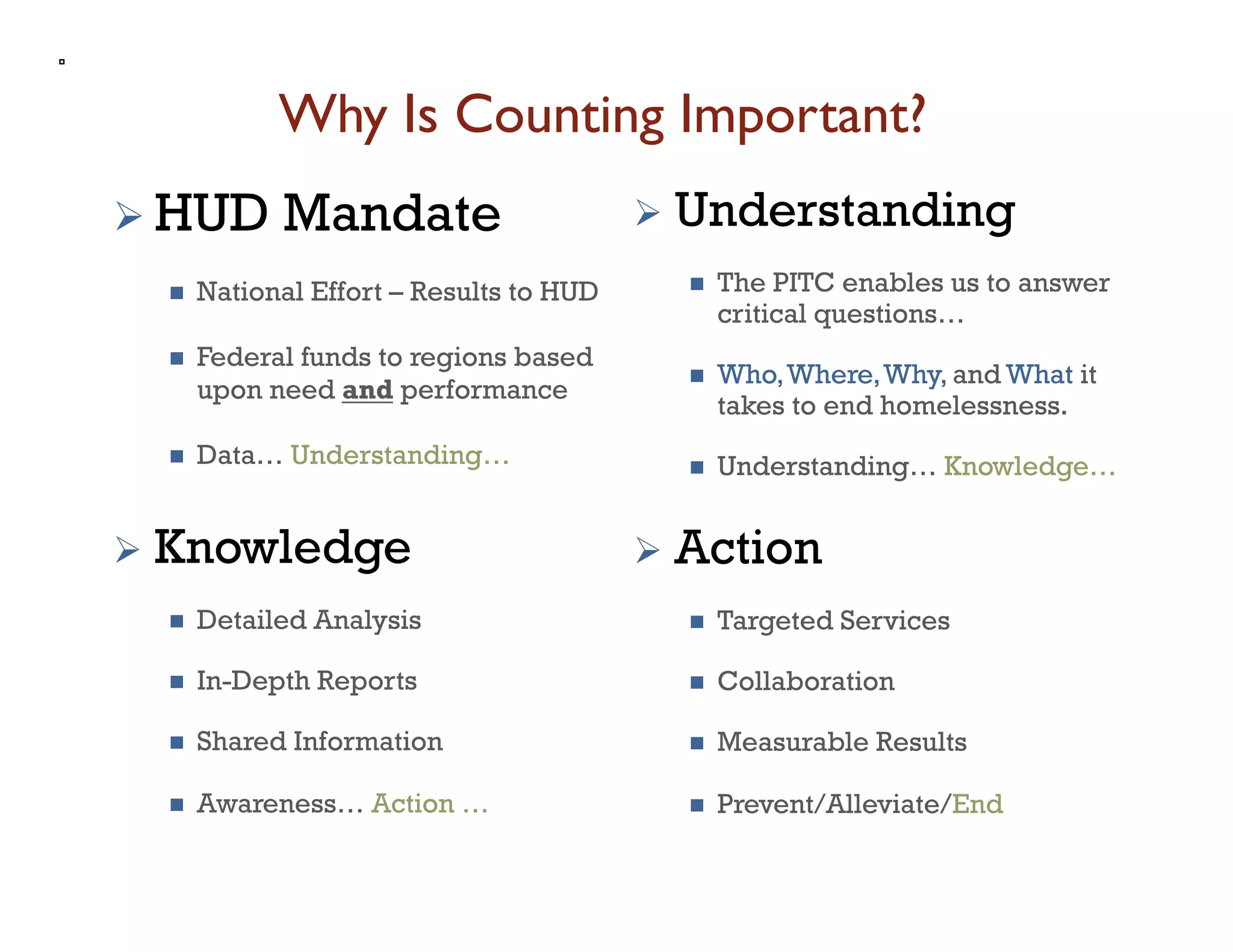 Why Is Counting Important?	

  HUD       Mandate                        Understanding

      National Effort – Results to HUD         The PITC enables us to answer
                                                 critical questions…
      Federal funds to regions based
                                                Who, Where, Why, and What it
       upon need and performance
                                                 takes to end homelessness.
      Data… Understanding…                     Understanding… Knowledge…


  Knowledge                                Action
      Detailed Analysis                        Targeted Services

      In-Depth Reports                         Collaboration

      Shared Information                       Measurable Results

      Awareness… Action …                      Prevent/Alleviate/End
 